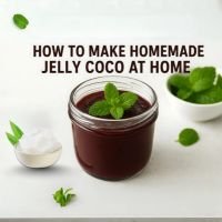 Jelly coco dessert recipe concept showing a jar of coconut jelly, mint leaves, and coconut cubes with title text overlay.